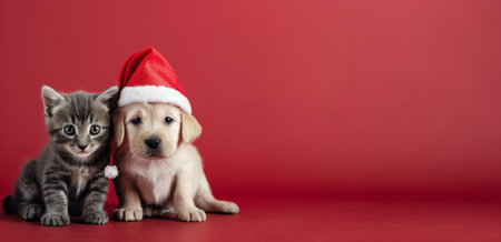 Cute puppy and tabby kitten with Christmas hat on red background.の写真素材