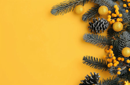 Beautiful Christmas composition on yellow background, flat lay. Space for textの写真素材
