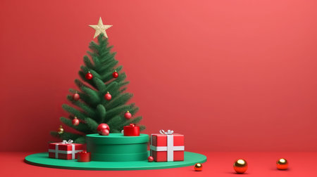 Christmas tree and gift boxes on red background. 3D rendering.の写真素材