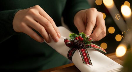 Woman wrapping christmas gift at table, closeup. Festive decorationの写真素材