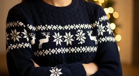 Close-up of a woman in a knitted sweater on the background of the Christmas treeの写真素材