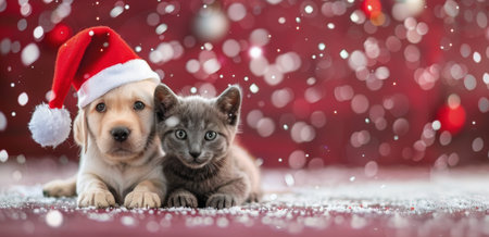 Cute cat and puppy in red santa hat on red backgroundの写真素材