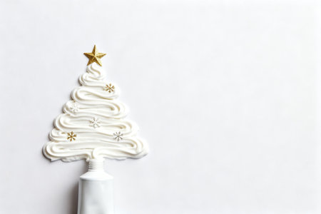 Christmas tree made of white whipped cream and golden star on white backgroundの写真素材