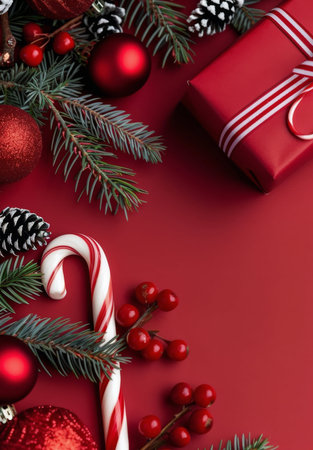 Christmas background with fir branches, candy canes and red berries on red backgroundの写真素材
