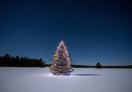 Christmas tree in the snow on a background of the starry sky.の写真素材