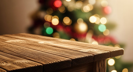 Wooden table in front of christmas tree. Christmas background.の写真素材