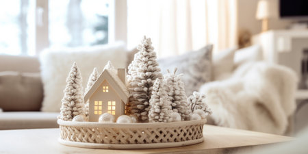 Wooden toy house with christmas tree on table in living roomの写真素材