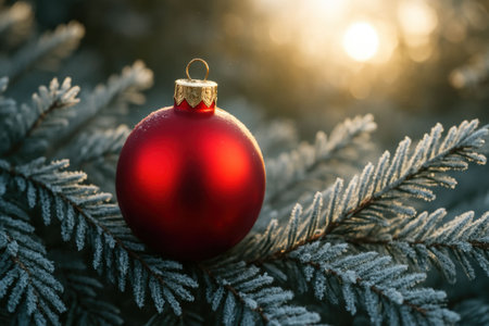 Christmas red ball on fir tree branch. Christmas and New Year backgroundの写真素材