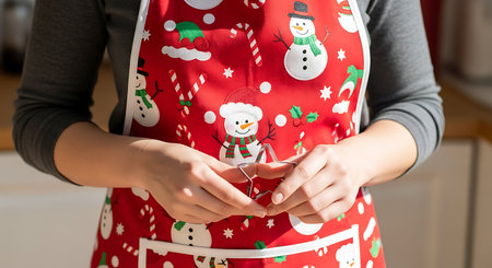Close-up of female hands in red apron with christmas decorationの写真素材