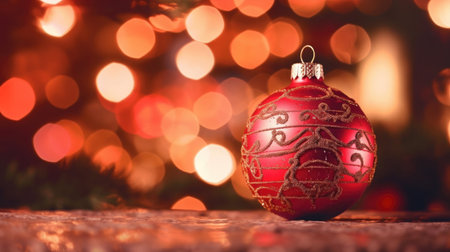Christmas background with red bauble and bokeh lights. Selective focus.の写真素材