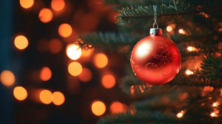 Christmas and New Year holidays background. Decorated Christmas tree on bokeh backgroundの写真素材