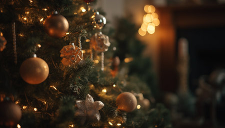 Decorated Christmas tree in the living room. Selective focus.の写真素材