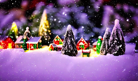 Christmas and New Year holidays background with Christmas tree, houses and snowflakesの写真素材