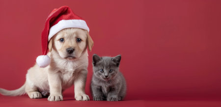 Golden Retriever puppy in santa hat with kitten on red backgroundの写真素材