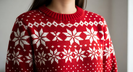 Close-up of a red knitted sweater with snowflakesの写真素材