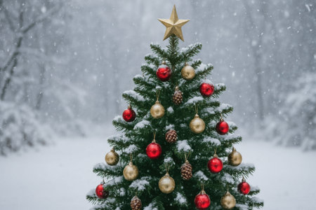Christmas tree with red and golden baubles on a snowy backgroundの写真素材