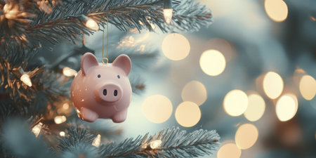 Piggy bank hanging on christmas tree with bokeh backgroundの写真素材
