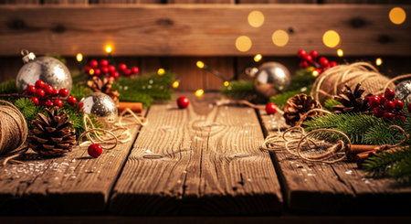 Christmas decoration on rustic wooden background with bokeh lights.の写真素材