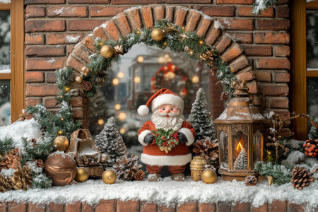 Christmas decoration with Santa Claus on the background of a brick wall.の写真素材