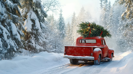 Vintage car with christmas tree on the roof in the winter forestの写真素材