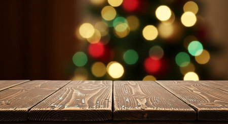 Wooden table against blurred christmas tree and lights bokehの写真素材