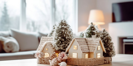 Miniature houses with christmas tree on wooden table in living roomの写真素材