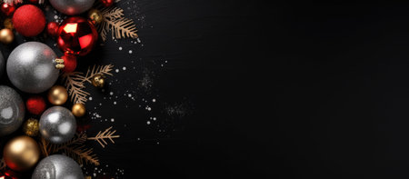 Christmas background with red and golden baubles and snowflakes on black backgroundの写真素材