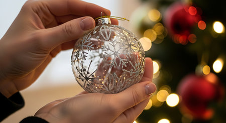 Female hands holding silver christmas ball on blurred christmas tree backgroundの写真素材