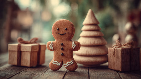 Gingerbread man and Christmas tree on wooden table. Toned imageの写真素材