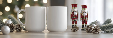 Mugs with christmas decorations on table, panoramic bannerの写真素材