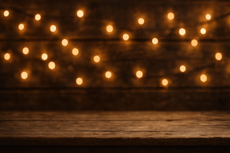 Wooden table in front of blurred background with bokeh lightsの写真素材