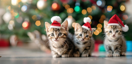 Two cute Bengal kittens in Santa Claus hats on the background of the Christmas tree.の写真素材