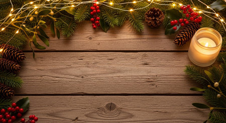 Christmas decoration on wooden background. Top view with copy space for your textの写真素材