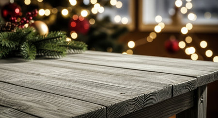 Wooden table in front of christmas tree with bokeh lightsの写真素材