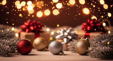 Christmas decoration with gift boxes and baubles on bokeh backgroundの写真素材