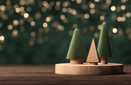 Christmas tree on wooden podium with bokeh background, 3d renderの写真素材