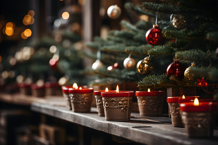 Christmas decoration with candles and Christmas tree in the interior of the storeの写真素材