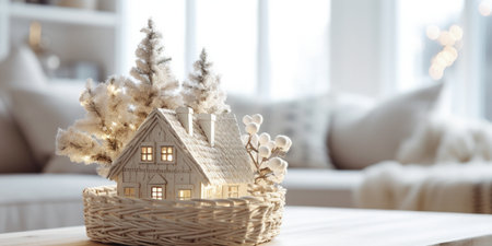 Wooden toy house in a wicker basket with a Christmas tree in the living roomの写真素材