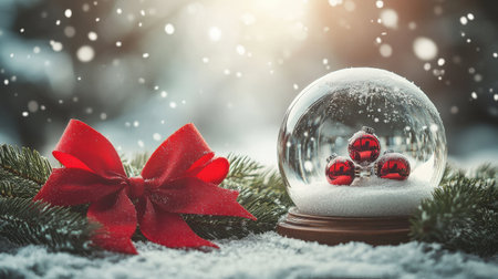 Christmas background with snow globe and red bow. Christmas greeting card.の写真素材