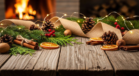 Christmas decoration with fir tree branches, pine cones, cinnamon sticks, dried orange slices, garland and fireplace on wooden backgroundの写真素材