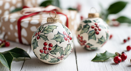 Christmas decoration with holly berry and gift box on white wooden backgroundの写真素材