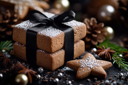 Christmas gingerbread cookies with spices on a dark background. Selective focus.の写真素材