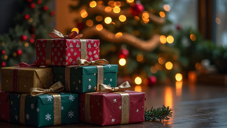 Christmas presents on wooden floor with christmas tree and lights in backgroundの写真素材