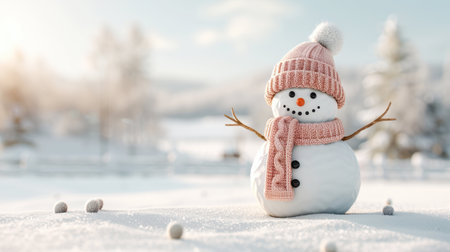 Snowman with hat and scarf on winter nature background. Christmas and New Year concept.の写真素材