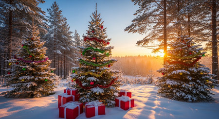Beautiful winter landscape with Christmas tree and gift boxes in the forestの写真素材