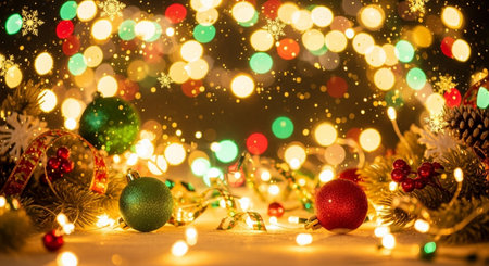 Christmas background with decorations on bokeh lights background. New Year concept.の写真素材