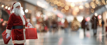 christmas, holidays and people concept - man in costume of santa claus with shopping bags over mall backgroundの写真素材