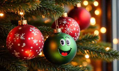 Christmas tree decoration with red and green balls and bokeh backgroundの写真素材