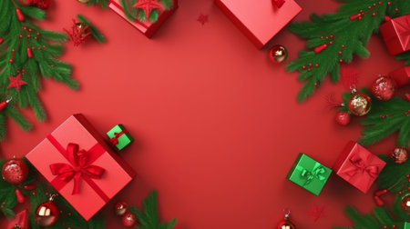 Christmas background with fir tree branches, red gift boxes and decorations on red background. Top view with copy space.の写真素材