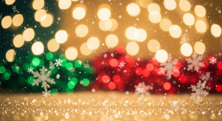 Christmas background with bokeh lights and snowflakes. Blurred background.の写真素材
